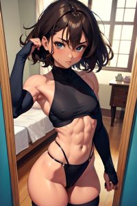 anime,muscular,small tits,80s age,seductive face,brunette,messy hair style,dark skin,mirror selfie,mountains,close-up view,t-pose,stockings