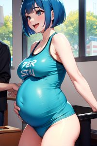 anime,pregnant,small tits,20s age,laughing face,blue hair,bobcut hair style,light skin,watercolor,gym,back view,massage,schoolgirl