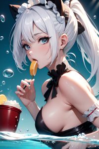 anime,busty,small tits,70s age,shocked face,white hair,ponytail hair style,light skin,black and white,underwater,side view,eating,maid