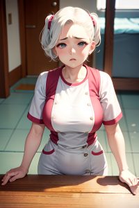 anime,chubby,small tits,60s age,sad face,white hair,slicked hair style,light skin,vintage,gym,close-up view,plank,nurse