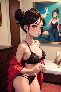 anime,busty,small tits,60s age,sad face,brunette,hair bun hair style,dark skin,painting,bedroom,side view,t-pose,lingerie