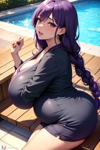 anime,pregnant,huge boobs,70s age,ahegao face,purple hair,braided hair style,dark skin,charcoal,pool,side view,plank,teacher