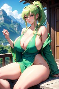 anime,busty,huge boobs,70s age,pouting lips face,green hair,ponytail hair style,light skin,soft + warm,mountains,front view,yoga,bathrobe