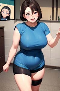 anime,chubby,small tits,20s age,laughing face,brunette,slicked hair style,light skin,soft + warm,prison,close-up view,working out,stockings