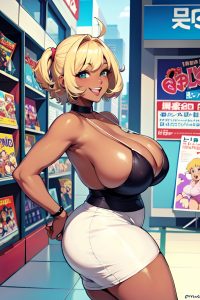anime,chubby,huge boobs,80s age,laughing face,blonde,pixie hair style,dark skin,comic,mall,close-up view,on back,nurse