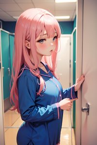 anime,chubby,small tits,70s age,pouting lips face,pink hair,straight hair style,light skin,dark fantasy,locker room,close-up view,on back,pajamas