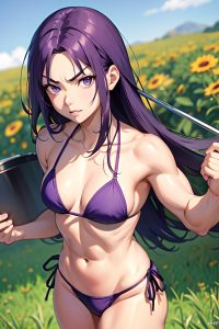 anime,muscular,small tits,30s age,angry face,purple hair,straight hair style,light skin,film photo,meadow,close-up view,cooking,bikini