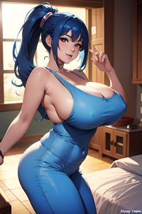 anime,busty,huge boobs,50s age,happy face,blue hair,ponytail hair style,light skin,warm anime,cave,side view,jumping,pajamas