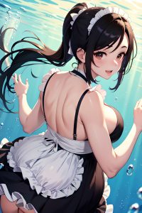 anime,pregnant,huge boobs,40s age,happy face,black hair,ponytail hair style,light skin,comic,underwater,back view,on back,maid