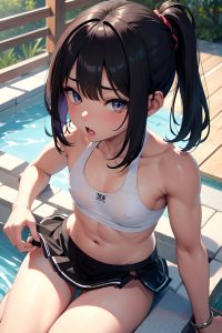 anime,muscular,small tits,18 age,ahegao face,ginger,bangs hair style,dark skin,black and white,bar,close-up view,bathing,mini skirt