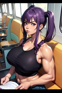 anime,muscular,huge boobs,70s age,serious face,purple hair,pigtails hair style,dark skin,charcoal,bus,close-up view,cumshot,teacher