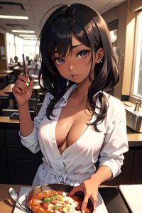 anime,busty,small tits,20s age,seductive face,ginger,messy hair style,dark skin,black and white,bar,front view,cooking,teacher