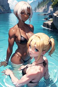 anime,muscular,small tits,30s age,shocked face,blonde,pixie hair style,dark skin,black and white,prison,side view,bathing,bikini
