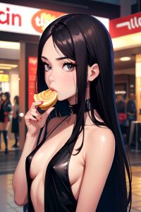 anime,skinny,small tits,40s age,pouting lips face,brunette,straight hair style,dark skin,film photo,mall,close-up view,eating,goth
