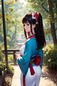 anime,busty,small tits,80s age,pouting lips face,brunette,straight hair style,light skin,soft anime,forest,back view,jumping,geisha