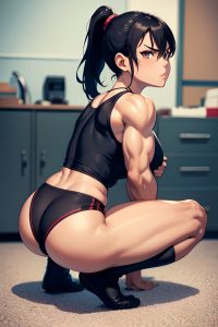 anime,muscular,small tits,30s age,angry face,black hair,ponytail hair style,dark skin,film photo,office,side view,squatting,fishnet