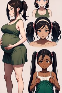 anime,pregnant,small tits,30s age,serious face,black hair,pigtails hair style,dark skin,vintage,jungle,side view,t-pose,teacher
