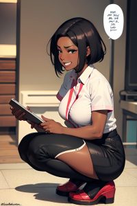 anime,pregnant,small tits,70s age,laughing face,black hair,slicked hair style,dark skin,charcoal,strip club,side view,squatting,nurse