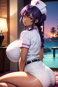 anime,busty,huge boobs,18 age,sad face,purple hair,braided hair style,dark skin,crisp anime,party,side view,straddling,nurse