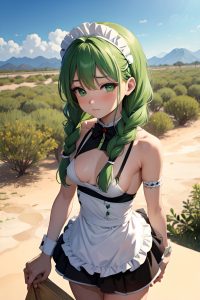anime,skinny,small tits,18 age,sad face,green hair,braided hair style,light skin,comic,desert,close-up view,bathing,maid