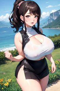 anime,chubby,huge boobs,50s age,ahegao face,brunette,ponytail hair style,dark skin,watercolor,mountains,close-up view,massage,mini skirt