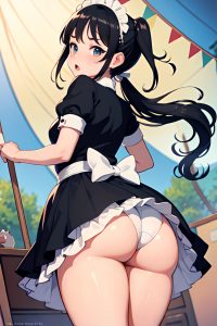 anime,chubby,small tits,20s age,shocked face,black hair,pigtails hair style,light skin,illustration,tent,back view,jumping,maid