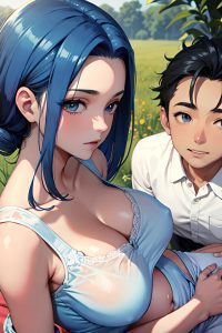 anime,pregnant,small tits,40s age,happy face,blue hair,slicked hair style,dark skin,skin detail (beta),meadow,close-up view,massage,pajamas