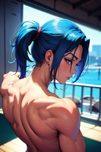 anime,muscular,small tits,80s age,shocked face,blue hair,slicked hair style,dark skin,cyberpunk,casino,back view,yoga,latex