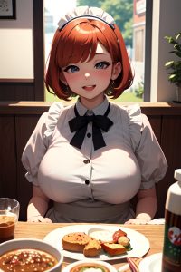 anime,chubby,small tits,70s age,ahegao face,ginger,bobcut hair style,light skin,illustration,cafe,close-up view,on back,maid