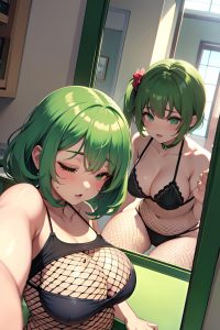 anime,chubby,small tits,60s age,seductive face,green hair,slicked hair style,light skin,mirror selfie,oasis,side view,sleeping,fishnet