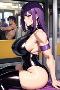 anime,muscular,huge boobs,40s age,angry face,purple hair,bangs hair style,light skin,soft + warm,bus,side view,straddling,latex