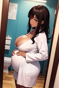 anime,pregnant,huge boobs,30s age,orgasm face,brunette,messy hair style,dark skin,mirror selfie,gym,side view,spreading legs,bathrobe