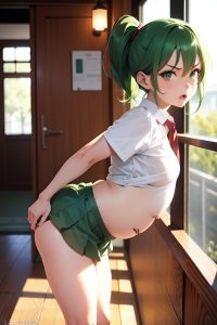 anime,pregnant,small tits,40s age,angry face,green hair,pixie hair style,dark skin,crisp anime,bar,side view,bending over,schoolgirl