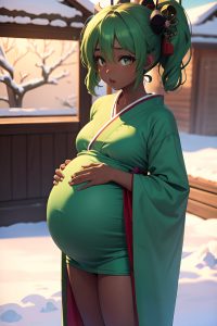 anime,pregnant,small tits,60s age,shocked face,green hair,messy hair style,dark skin,3d,snow,front view,yoga,geisha