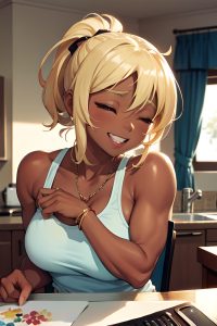 anime,muscular,small tits,50s age,laughing face,blonde,ponytail hair style,dark skin,watercolor,kitchen,close-up view,sleeping,teacher