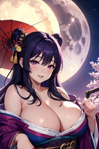 anime,chubby,small tits,20s age,laughing face,purple hair,messy hair style,light skin,dark fantasy,moon,close-up view,straddling,geisha