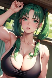 anime,muscular,huge boobs,70s age,serious face,green hair,pigtails hair style,light skin,warm anime,cave,close-up view,working out,teacher
