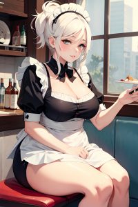 anime,chubby,small tits,50s age,seductive face,white hair,messy hair style,dark skin,watercolor,restaurant,side view,massage,maid