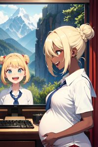 anime,pregnant,small tits,18 age,laughing face,blonde,hair bun hair style,dark skin,illustration,mountains,side view,gaming,schoolgirl