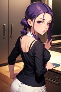 anime,skinny,small tits,50s age,seductive face,purple hair,slicked hair style,dark skin,dark fantasy,office,back view,cooking,schoolgirl