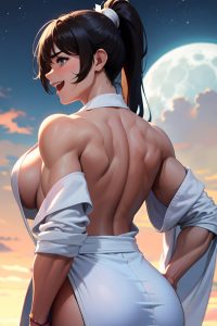 anime,muscular,huge boobs,18 age,laughing face,brunette,ponytail hair style,light skin,charcoal,moon,back view,on back,bathrobe