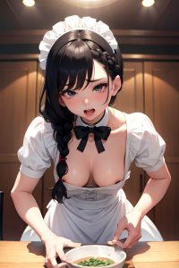 anime,busty,small tits,80s age,ahegao face,black hair,braided hair style,light skin,soft + warm,stage,front view,cumshot,maid