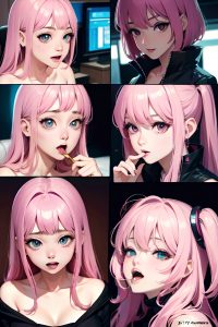 anime,busty,small tits,70s age,ahegao face,pink hair,bangs hair style,light skin,cyberpunk,car,close-up view,eating,nude