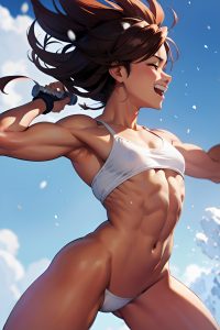 anime,muscular,small tits,18 age,laughing face,ginger,messy hair style,dark skin,watercolor,snow,side view,working out,partially nude