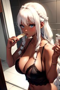 anime,skinny,huge boobs,18 age,shocked face,white hair,braided hair style,dark skin,film photo,bathroom,close-up view,eating,lingerie