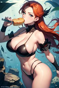 anime,skinny,huge boobs,20s age,serious face,ginger,pixie hair style,light skin,painting,underwater,close-up view,eating,goth