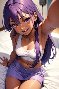 anime,skinny,small tits,80s age,laughing face,purple hair,straight hair style,dark skin,skin detail (beta),hospital,close-up view,massage,mini skirt