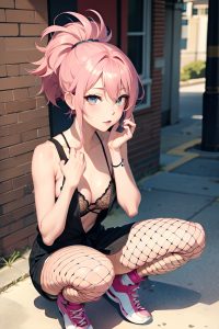 anime,skinny,small tits,18 age,seductive face,pink hair,messy hair style,light skin,soft anime,bar,front view,squatting,fishnet