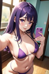 anime,busty,small tits,60s age,happy face,purple hair,bangs hair style,light skin,mirror selfie,church,back view,yoga,bikini