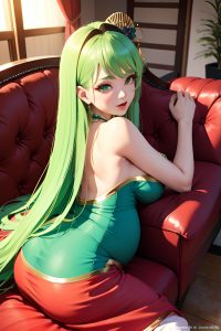 anime,pregnant,small tits,50s age,orgasm face,green hair,straight hair style,light skin,3d,couch,close-up view,on back,geisha
